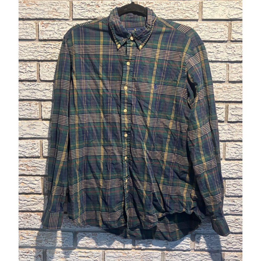 Ralph Lauren Mens Plaid Button Down Shirt Green Navy Blue Long Sleeve Size L